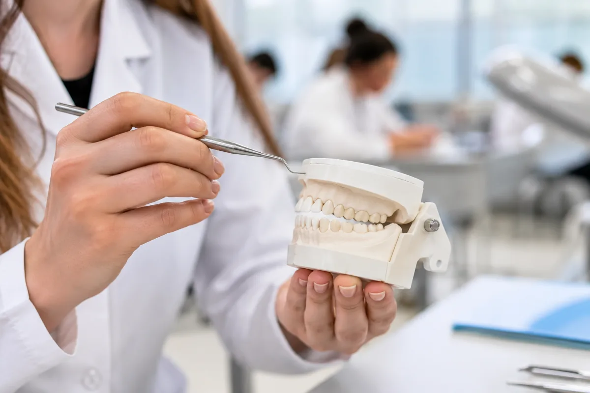 Études de dentiste en Belgique : parcours, coûts et accès réel Gros plan sur les mains d'un étudiant en dentaire manipulant un modèle de mâchoire en salle de travaux pratiques