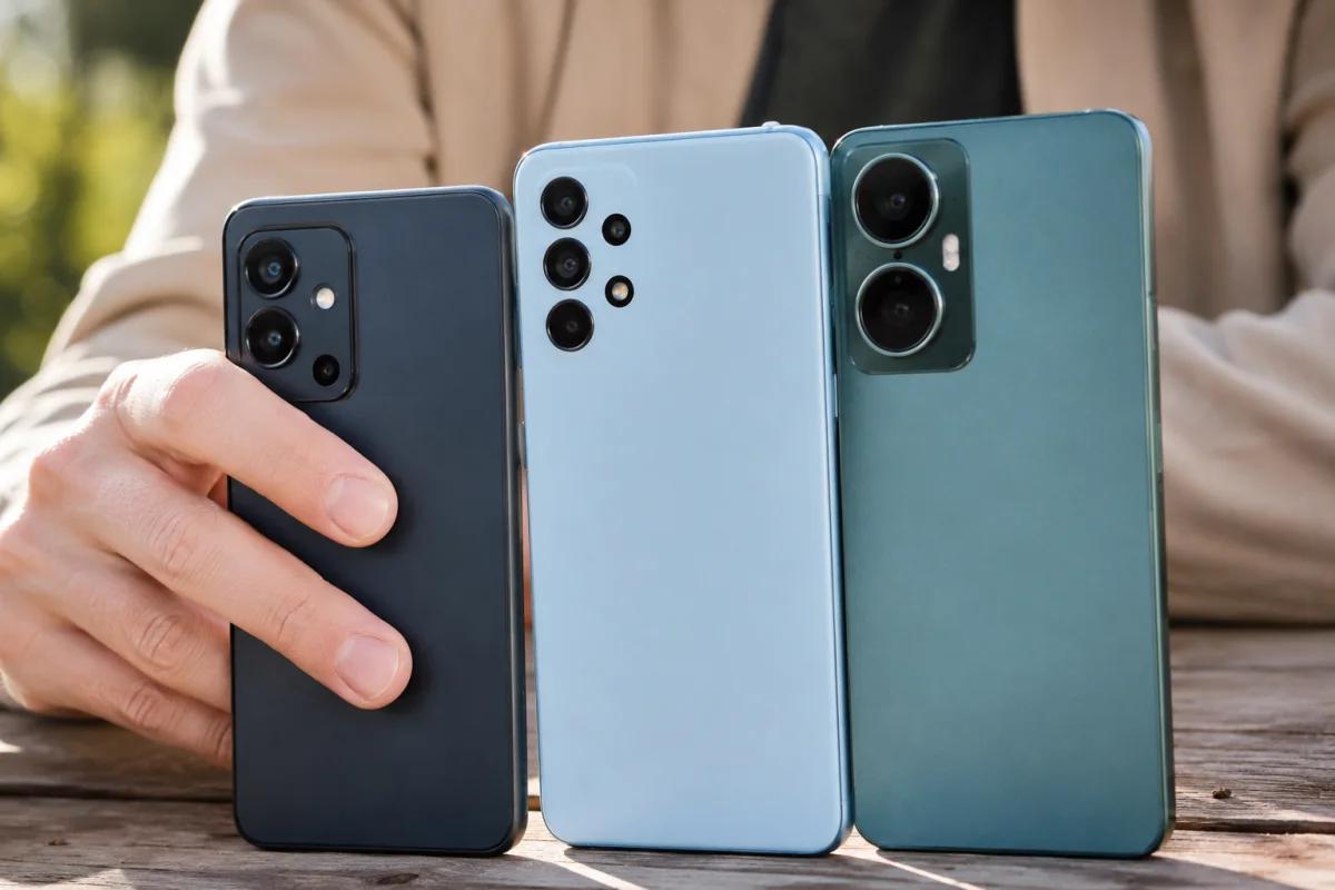 Quel smartphone photo choisir à moins de 300 euros en 2024 Gros plan sur le module caméra triple objectif d'un smartphone Android, fond de table en bois sombre