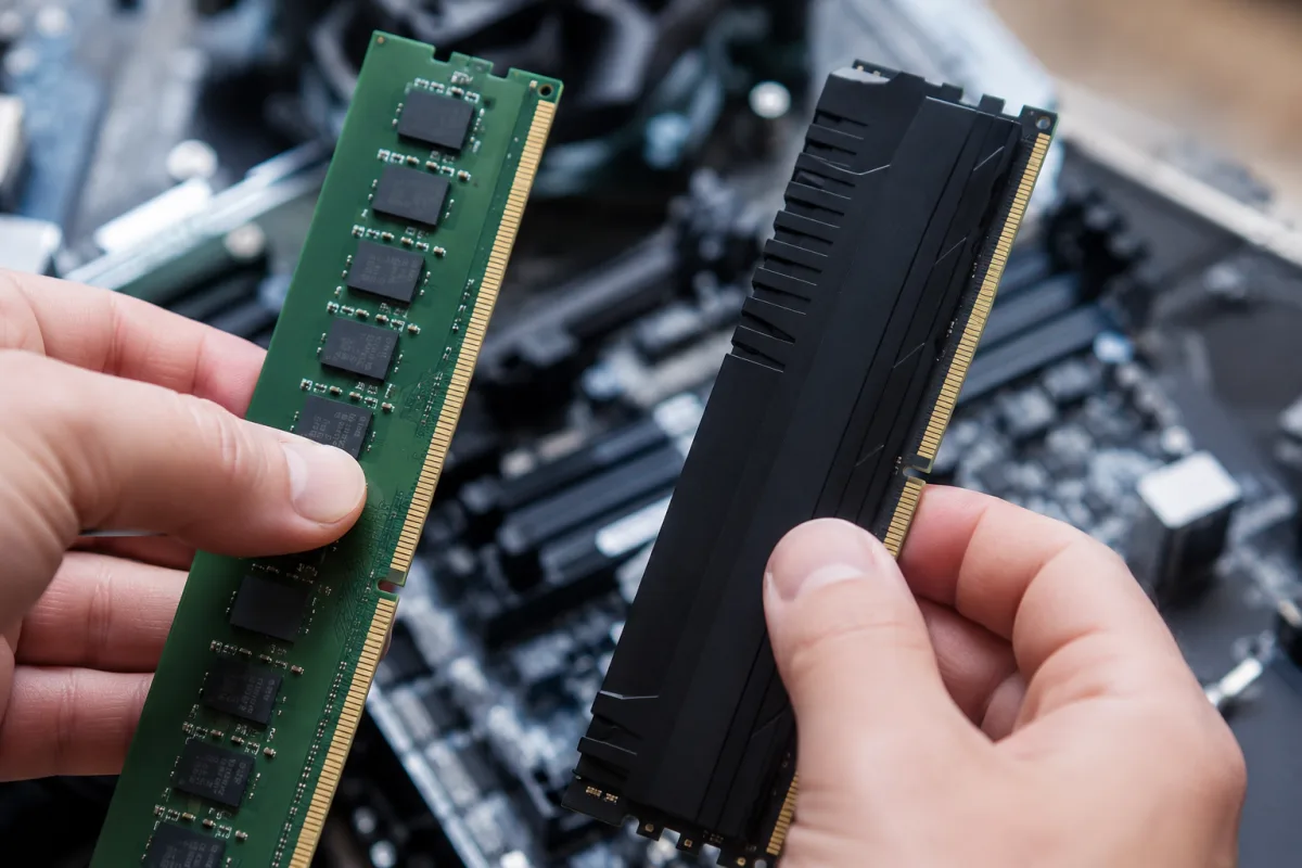 DDR4 ou DDR5 : quelle mémoire vive choisir selon votre config Gros plan sur deux barrettes de RAM côte à côte révélant les différences de connecteurs et de circuits imprimés