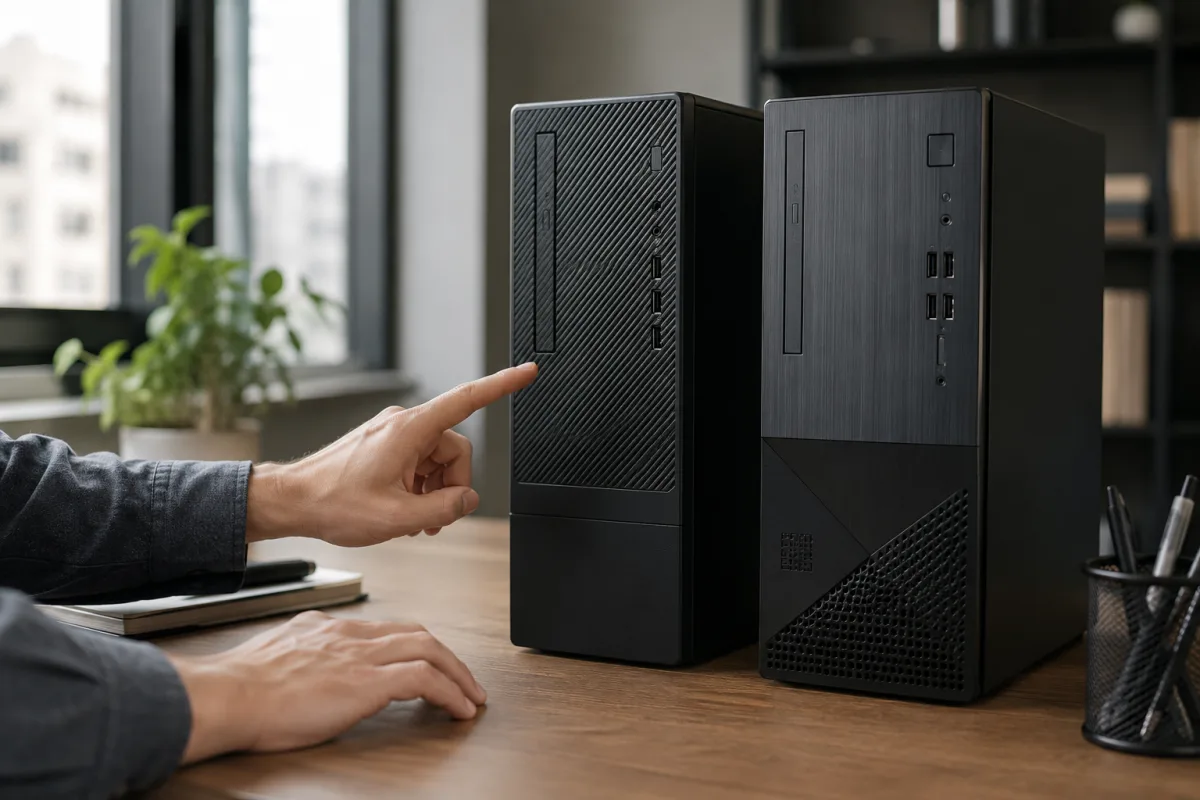 Ordinateur de bureau Dell ou Asus : lequel choisir selon votre usage Gros plan sur les ports et connectiques arrière d'une tour de bureau compacte sous éclairage neutre
