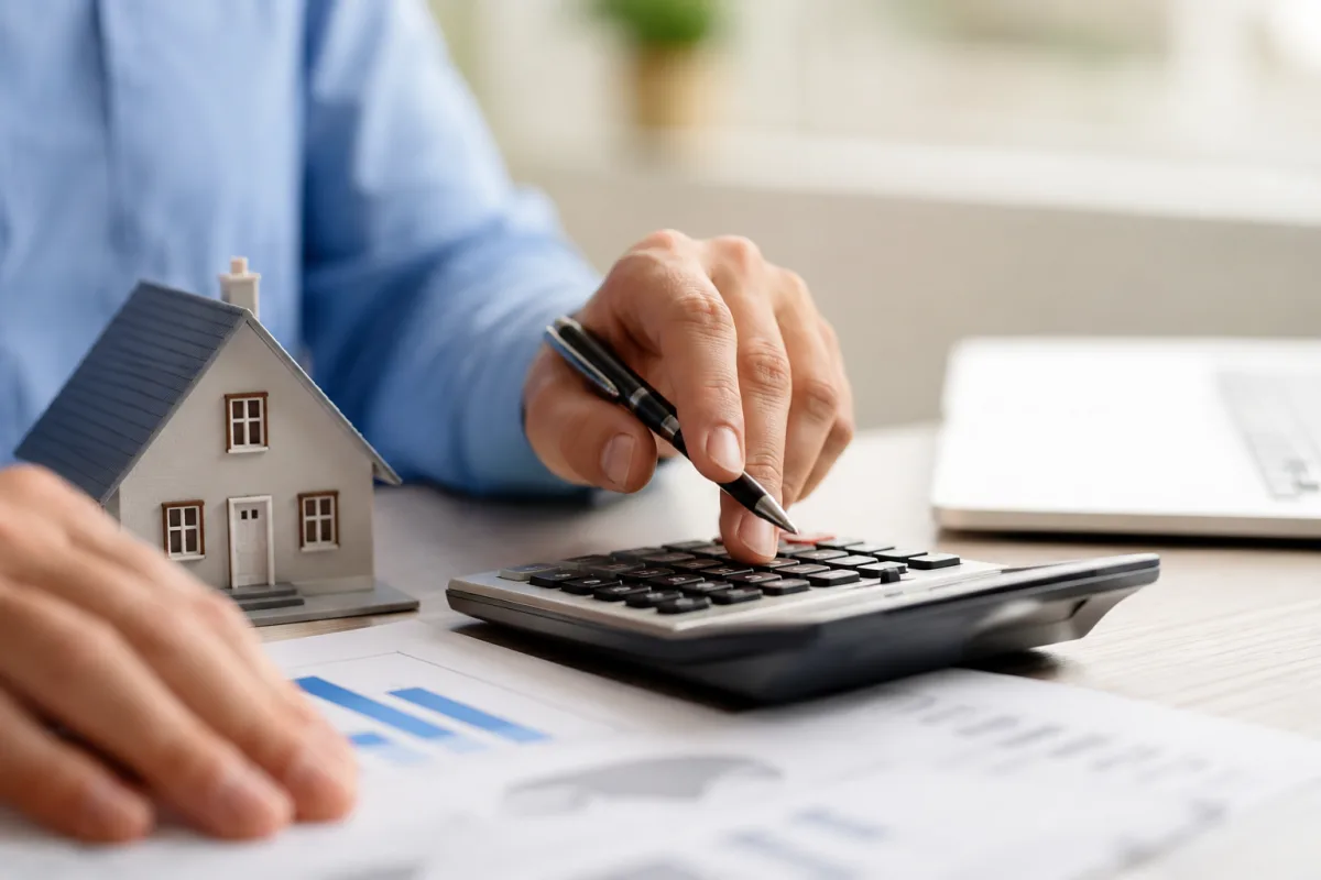 Prévisions sur le taux immobilier en 2027 : ma modélisation des coûts Une main tenant un stylo au-dessus d'une grille d'amortissement de prêt bancaire imprimée