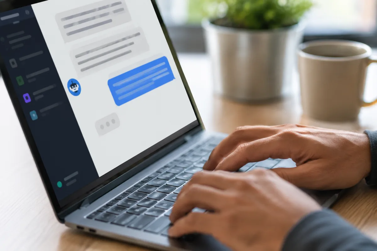 Quel est le meilleur chatbot IA gratuit en français, vraiment ? Écran d'ordinateur portable affichant une conversation en français avec un chatbot IA, fond flou de bureau